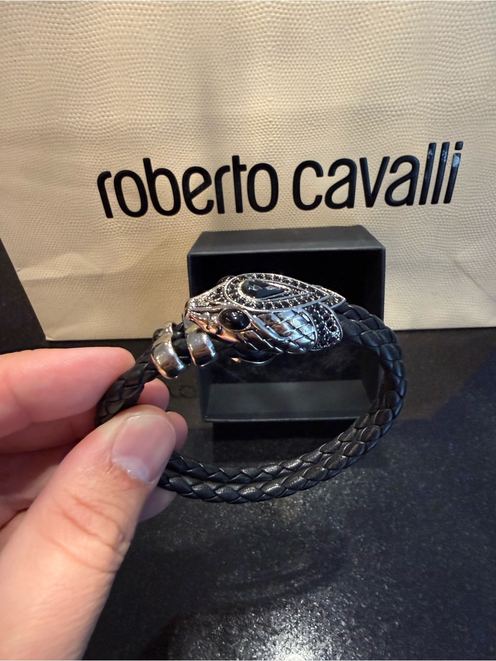 Roberto Cavalli Black Braided Leather Bracelet with Silver Snake Head